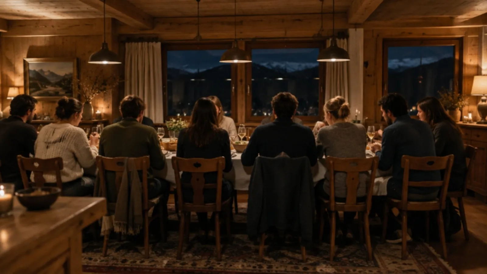Groep aan tafel tijdens het diner in het hotel